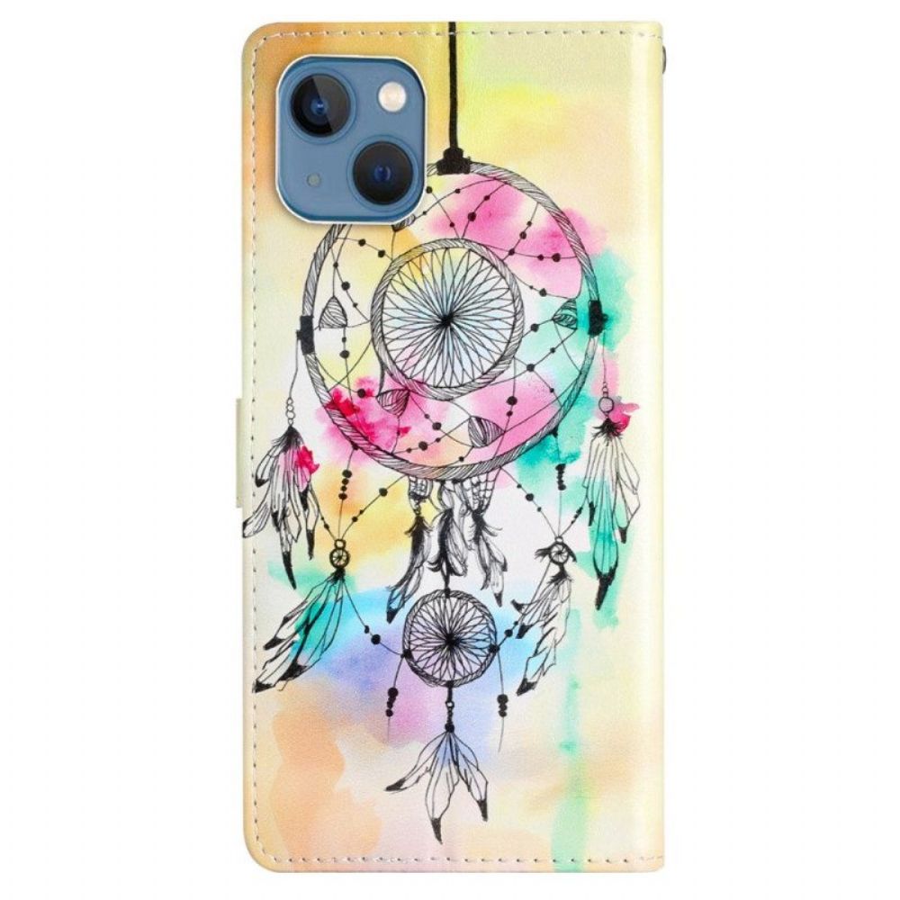 Folio-hoesje voor iPhone 15 Met Ketting Aquarel Dromenvanger Met Riem