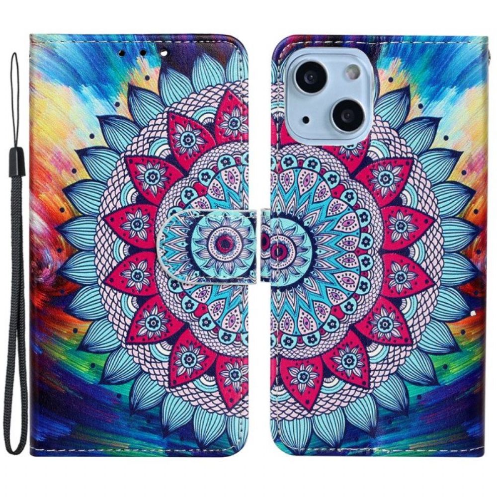 Folio-hoesje voor iPhone 15 Met Ketting Flitsende Mandala Met Riempje