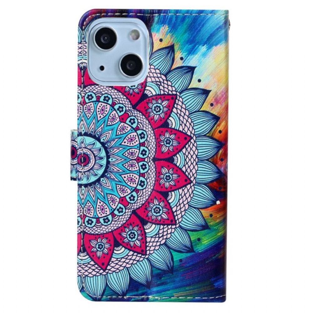 Folio-hoesje voor iPhone 15 Met Ketting Flitsende Mandala Met Riempje