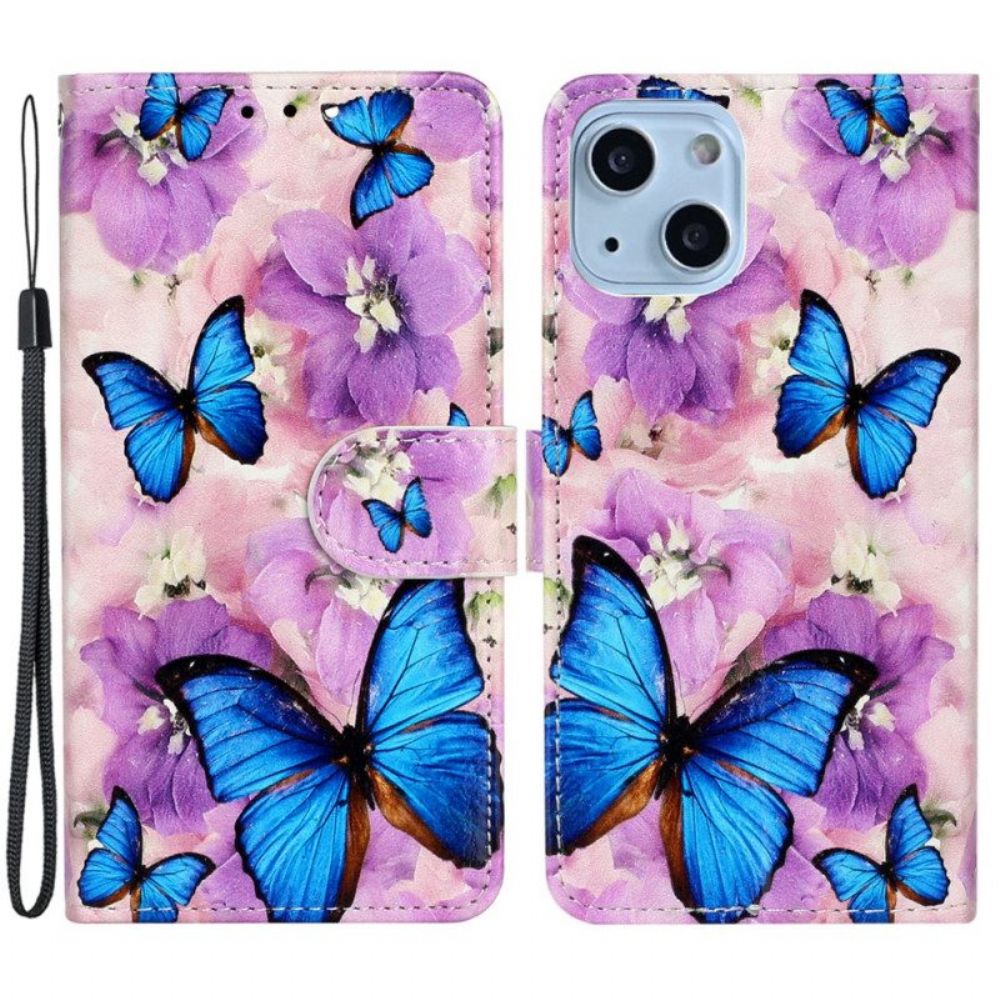 Folio-hoesje voor iPhone 15 Met Ketting Kleine Blauwe Vlinders Met Riempje