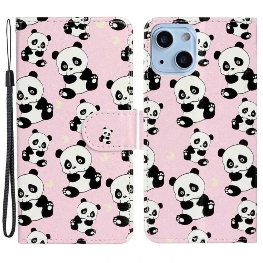 Folio-hoesje voor iPhone 15 Met Ketting Kleine Panda's Met Riem