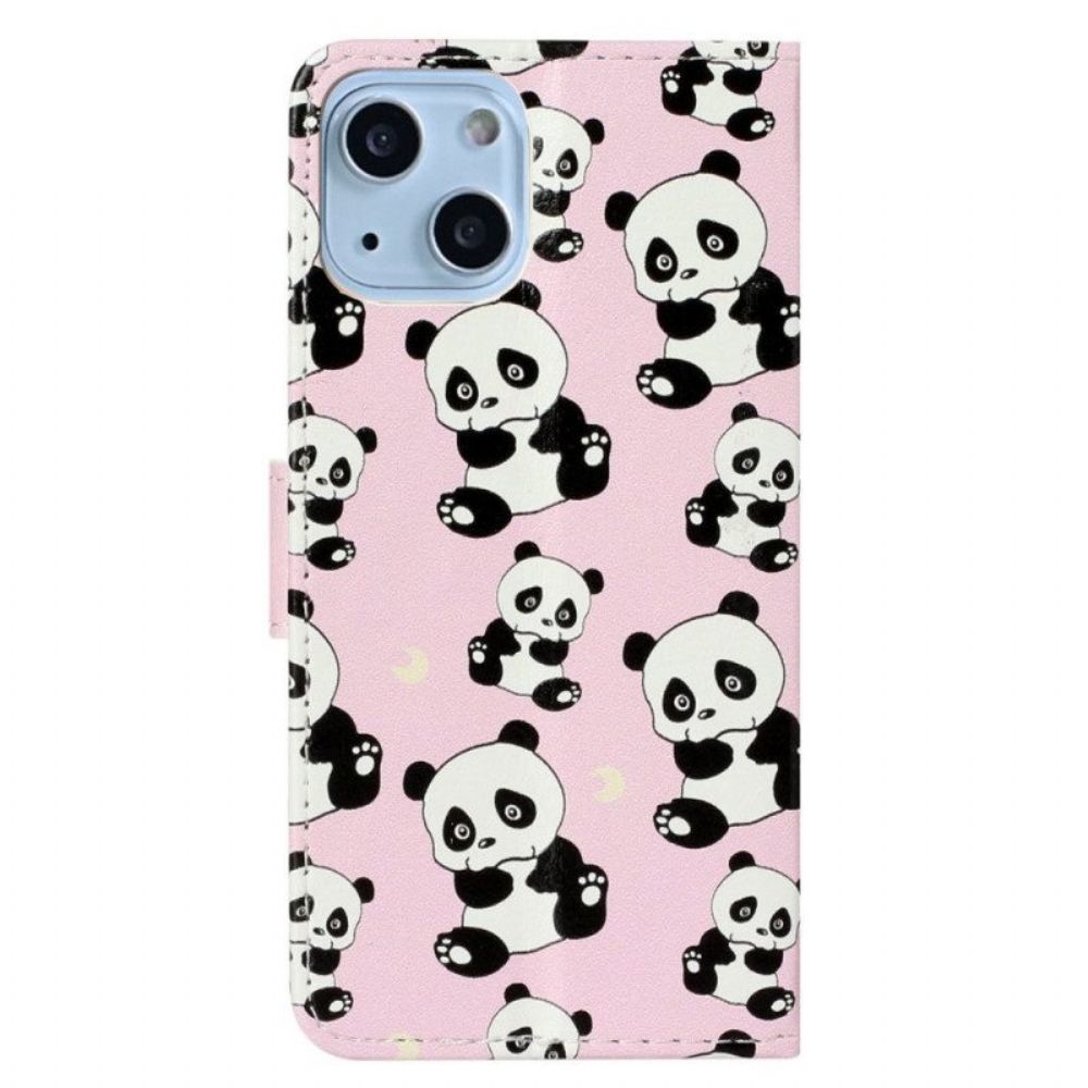 Folio-hoesje voor iPhone 15 Met Ketting Kleine Panda's Met Riem