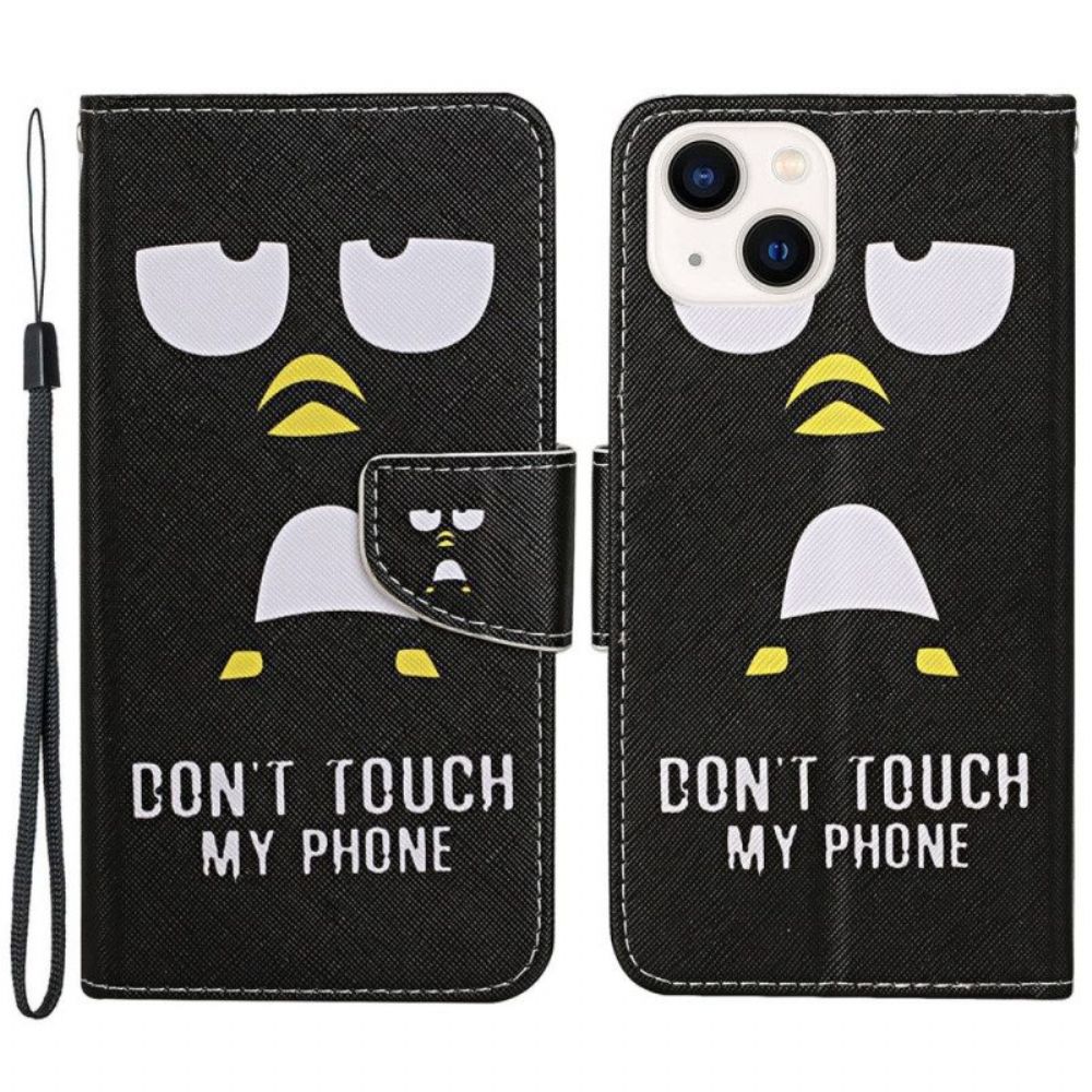 Folio-hoesje voor iPhone 15 Met Ketting Penguin Raak Mijn Telefoonkoord Niet Aan