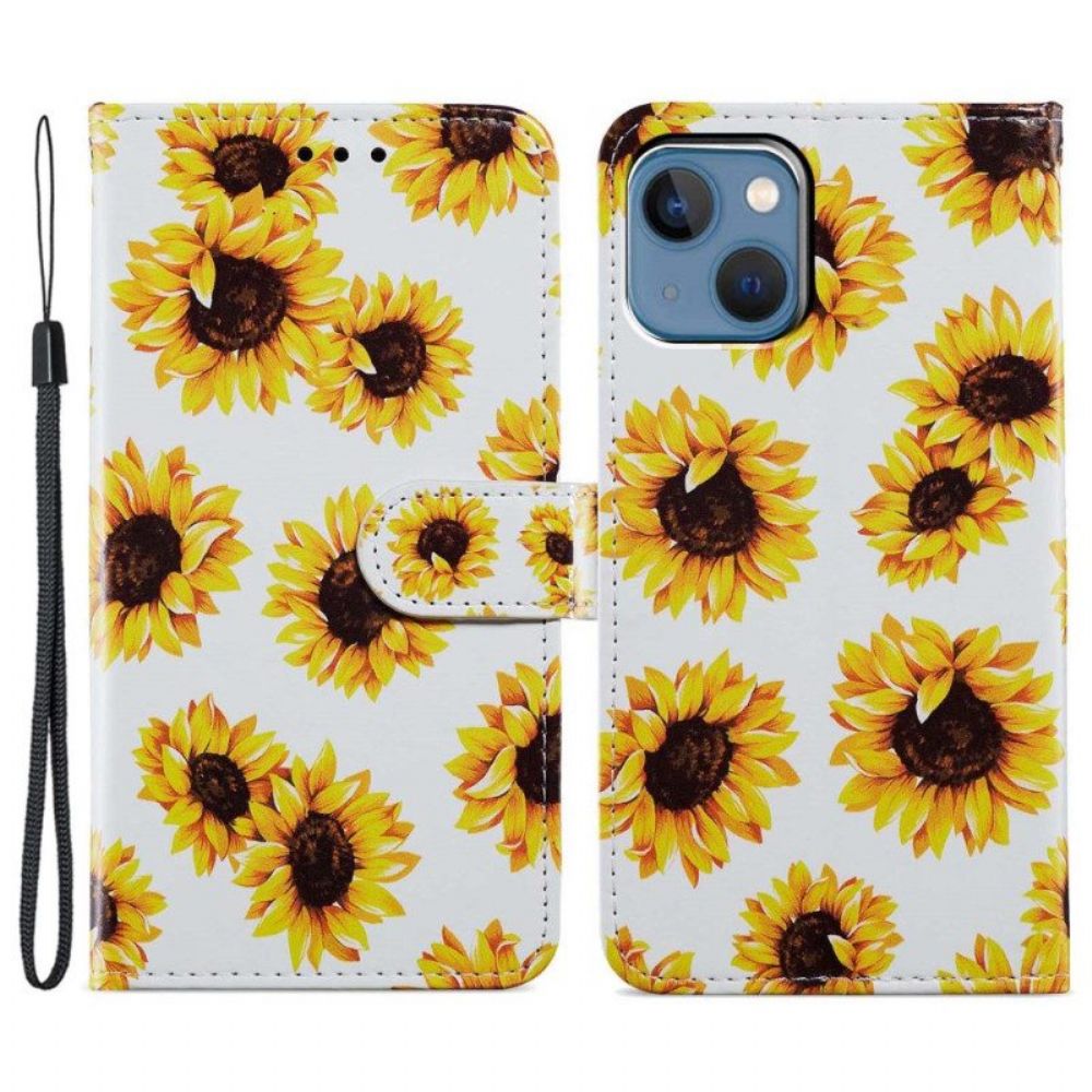 Folio-hoesje voor iPhone 15 Met Ketting Riem Zonnebloemen