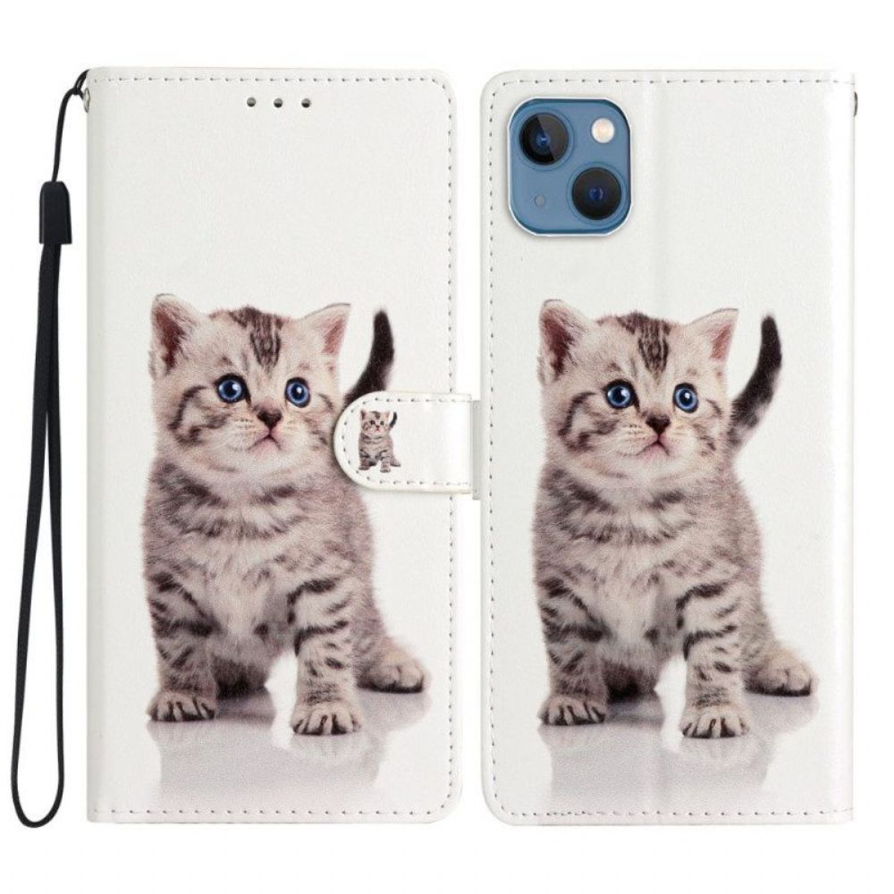 Folio-hoesje voor iPhone 15 Met Ketting Schattige Kat Met Riem