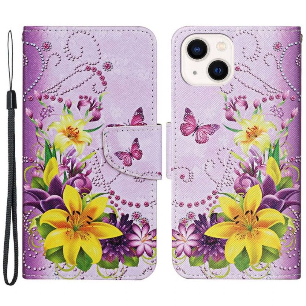 Folio-hoesje voor iPhone 15 Met Ketting Vlinders En Bloemen Met Riempje