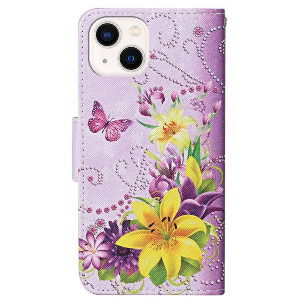 Folio-hoesje voor iPhone 15 Met Ketting Vlinders En Bloemen Met Riempje