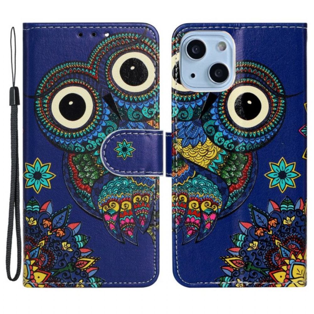 Folio-hoesje voor iPhone 15 Plus Met Ketting Tribal Uil Met Riem