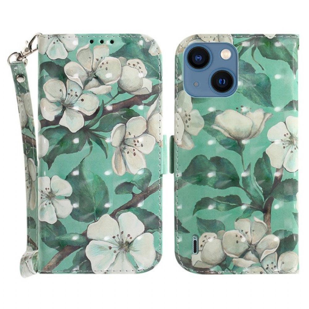 Folio-hoesje voor iPhone 15 Plus Met Ketting Witte Bloemen Met Riempje