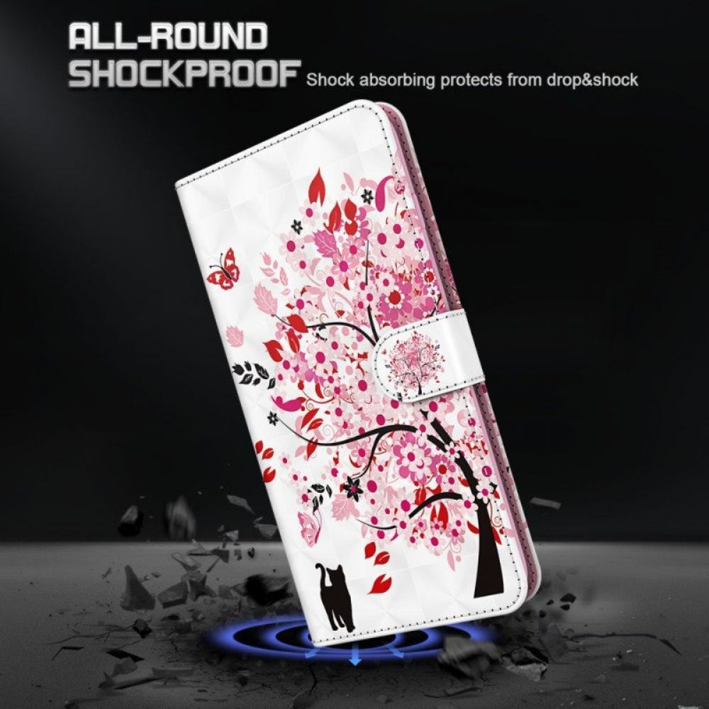 Folio-hoesje voor iPhone 15 Pro Max Met Ketting Kat Onder De Rode Boom 3d Met Riem