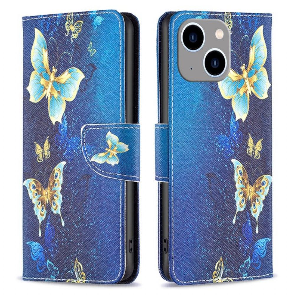 Folio-hoesje voor iPhone 15 Pro Vlinders Op Blauwe Achtergrond