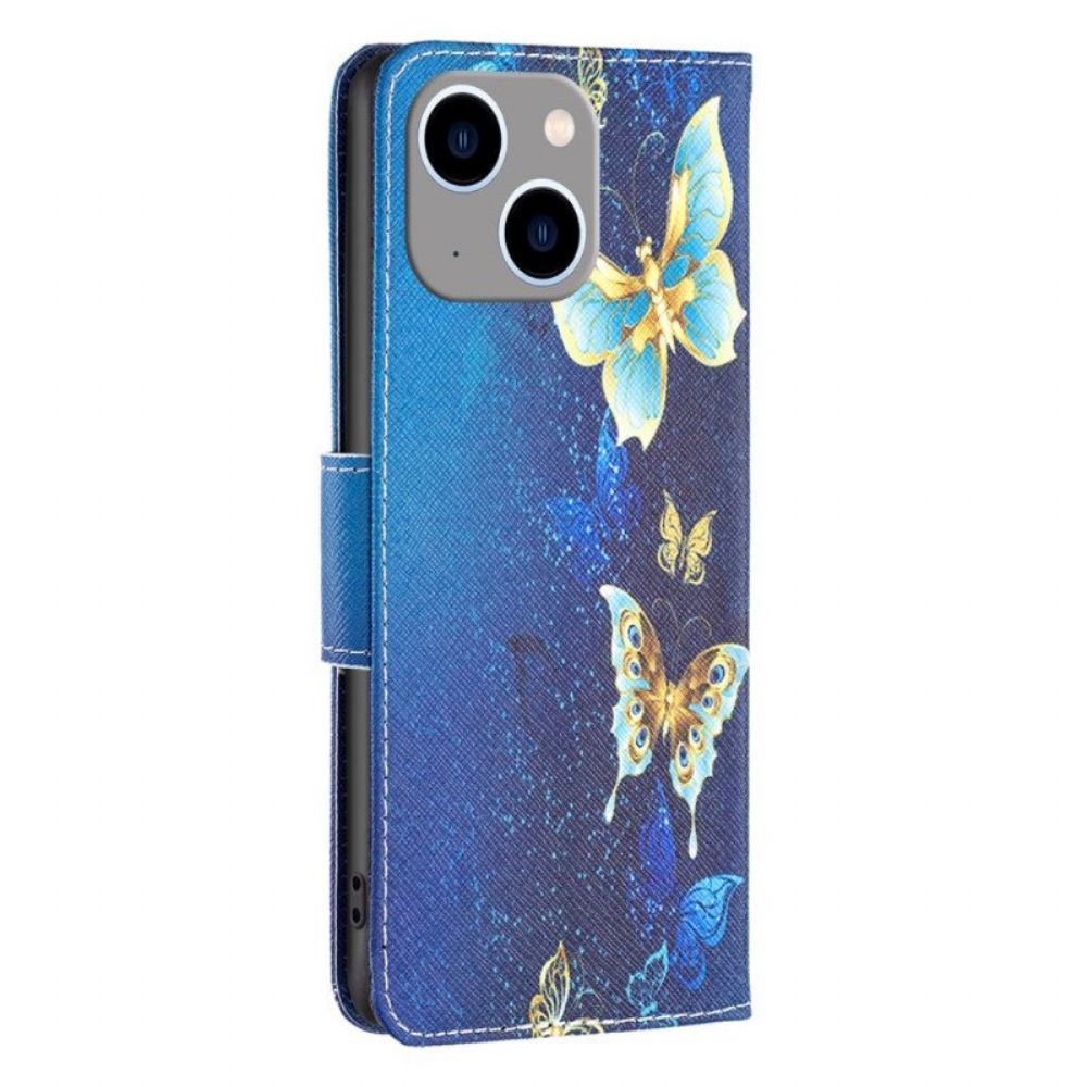 Folio-hoesje voor iPhone 15 Pro Vlinders Op Blauwe Achtergrond