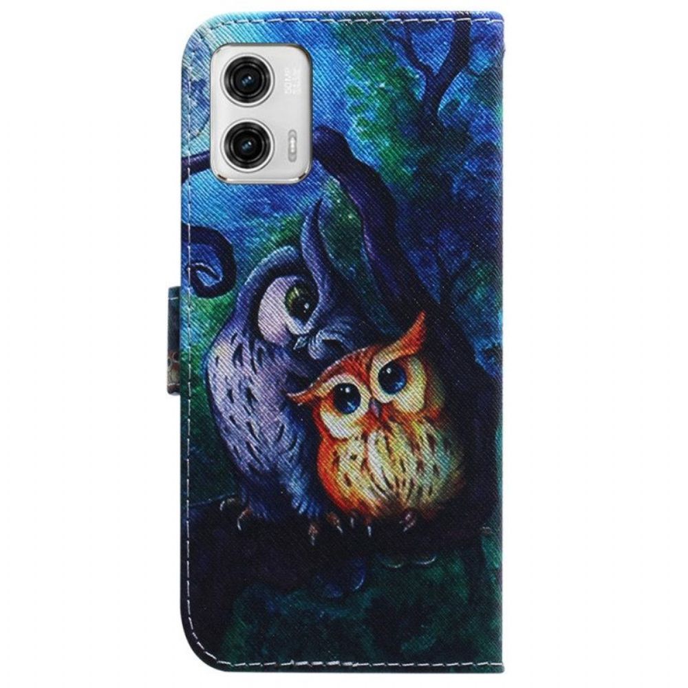 Folio-hoesje voor Moto G73 5G Met Ketting Strappy Uilen Schilderen