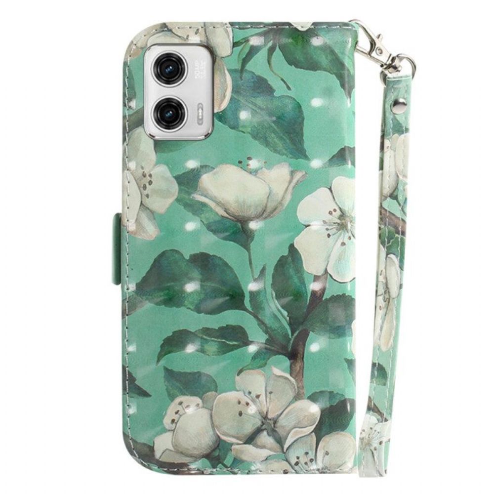 Folio-hoesje voor Moto G73 5G Met Ketting Witte Bloemen Met Bandjes