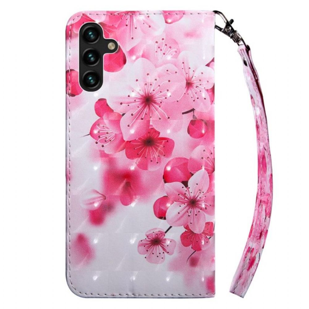 Folio-hoesje voor Samsung Galaxy A14 / A14 5G Met Ketting Strappy Roze Bloemen