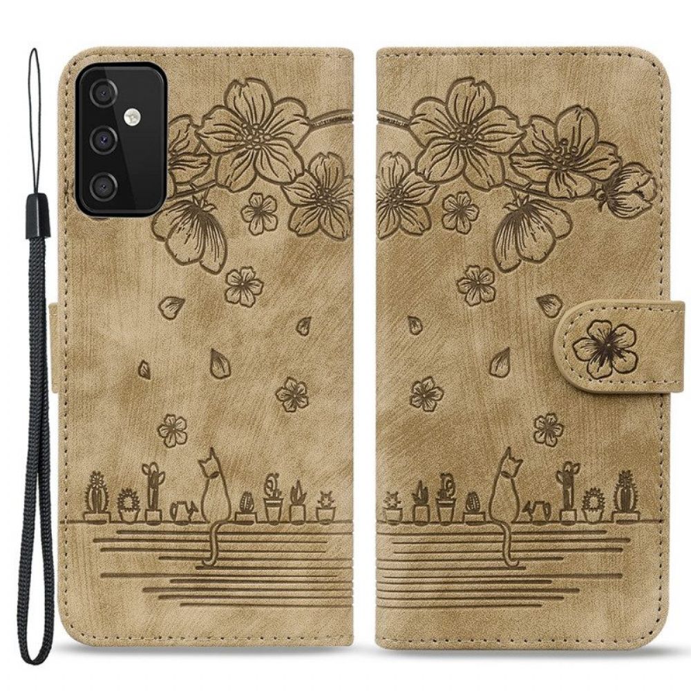 Folio-hoesje voor Samsung Galaxy A54 5G Met Ketting Bloemen String Kat