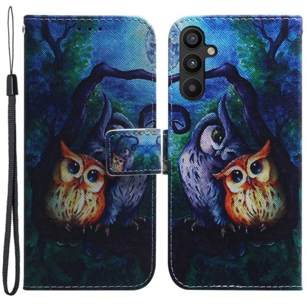 Folio-hoesje voor Samsung Galaxy A54 5G Met Ketting Strappy Uilen Schilderen