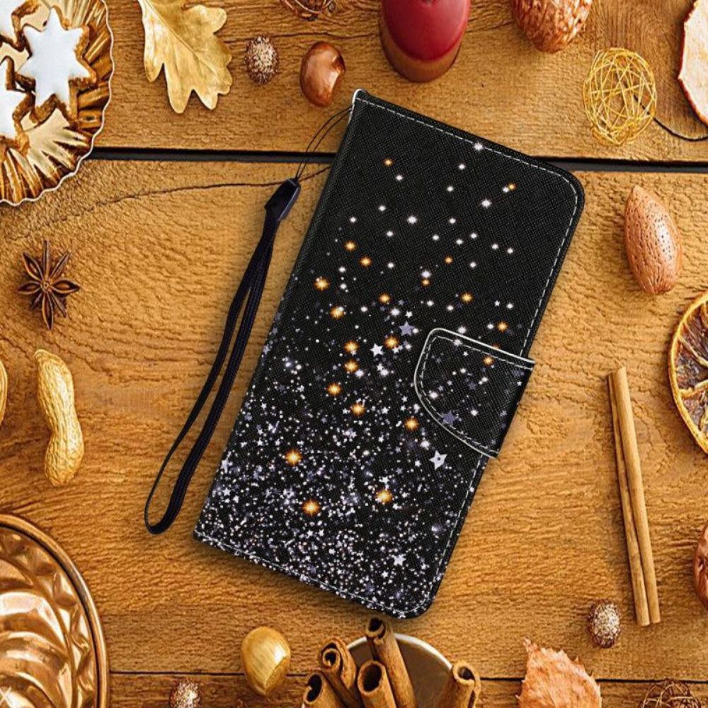 Folio-hoesje voor Samsung Galaxy A54 5G Met Ketting Zwarte Onderkant En Glitterbandjes