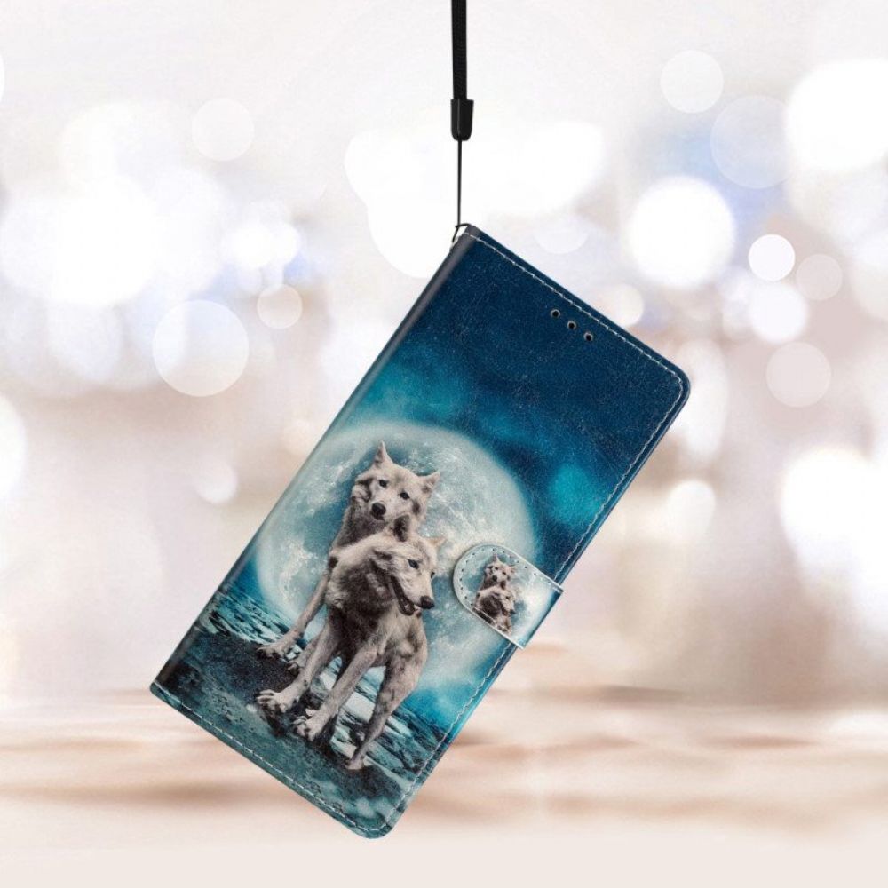 Folio-hoesje voor Samsung Galaxy A54 5G Wolf Onder Maan Met Lanyard