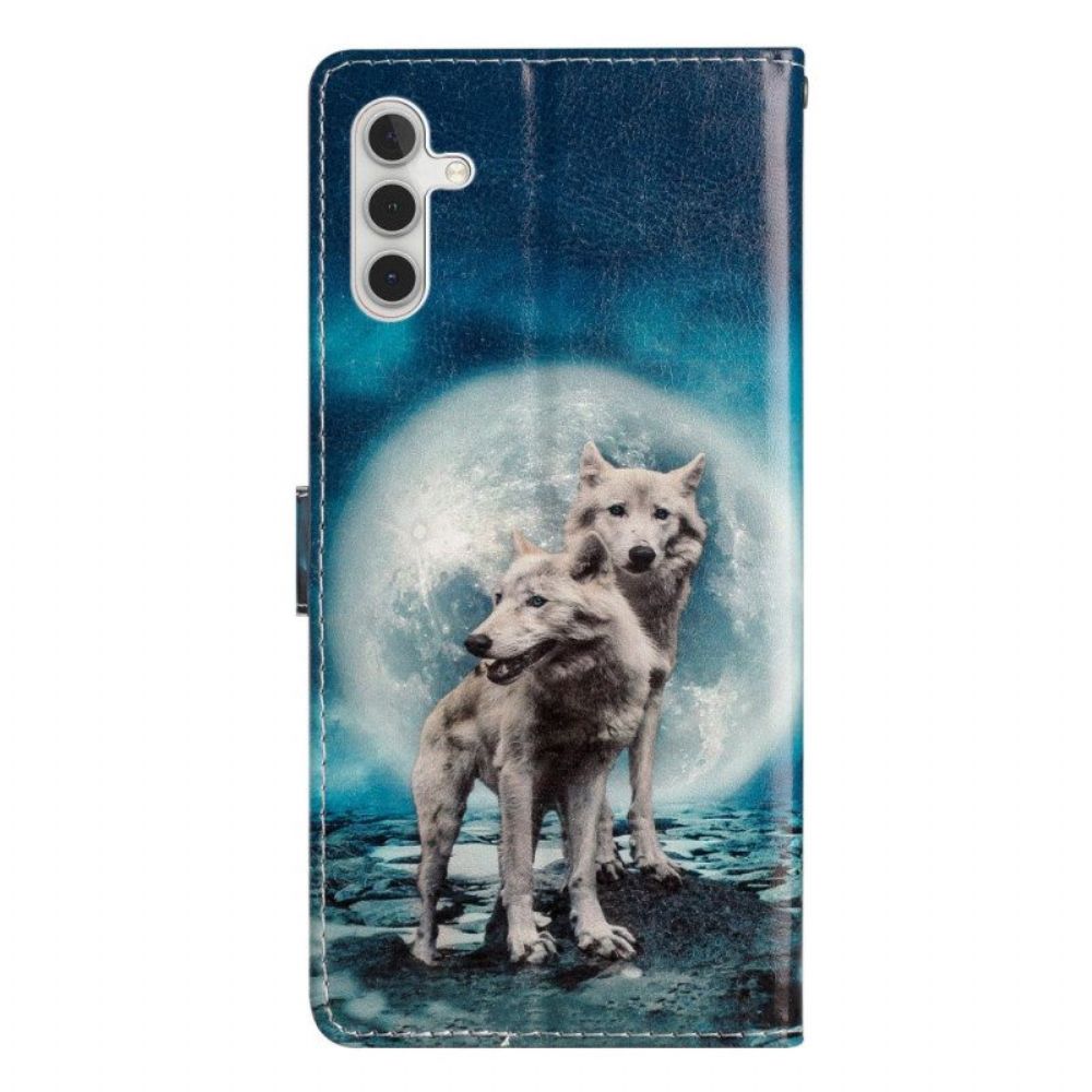 Folio-hoesje voor Samsung Galaxy A54 5G Wolf Onder Maan Met Lanyard