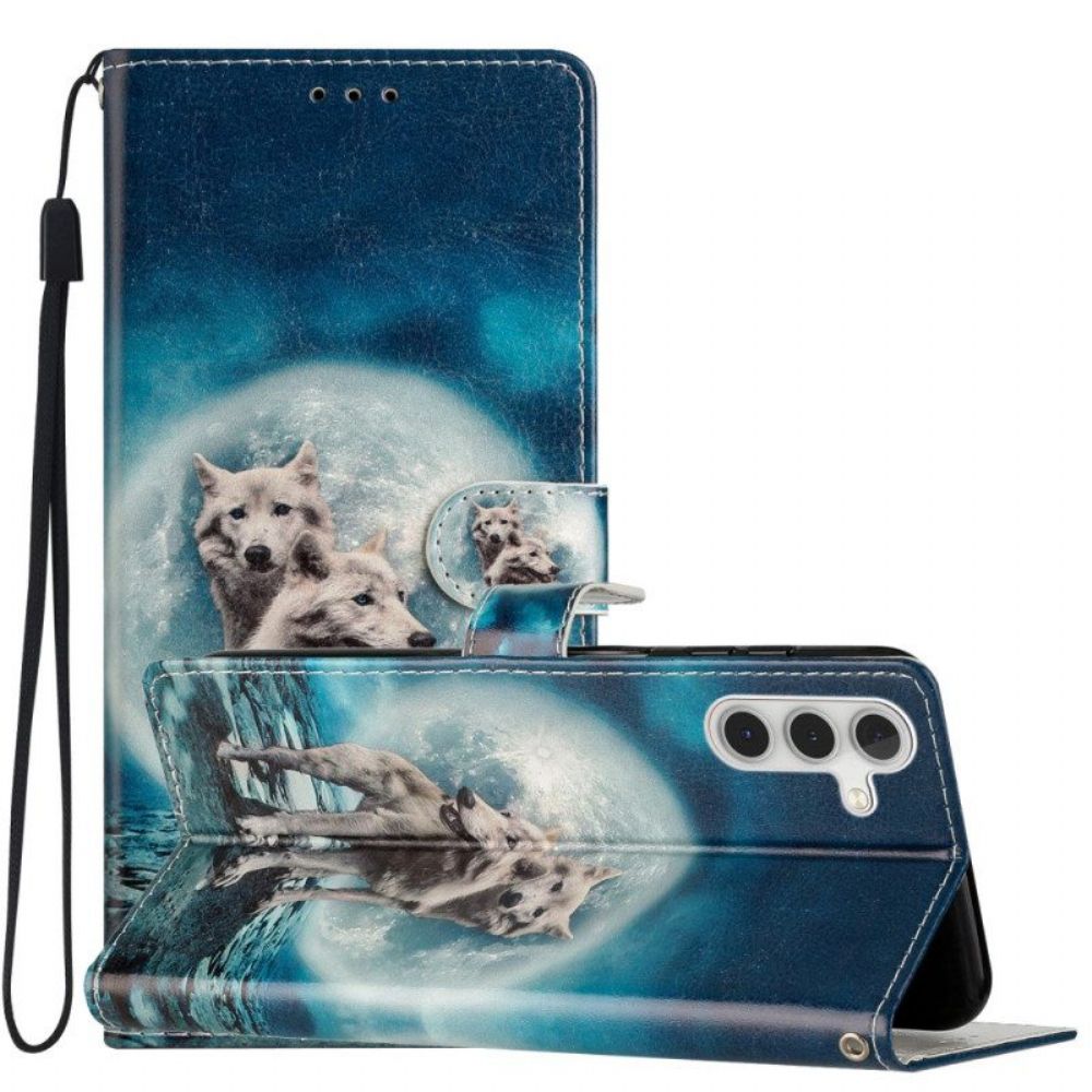 Folio-hoesje voor Samsung Galaxy A54 5G Wolf Onder Maan Met Lanyard