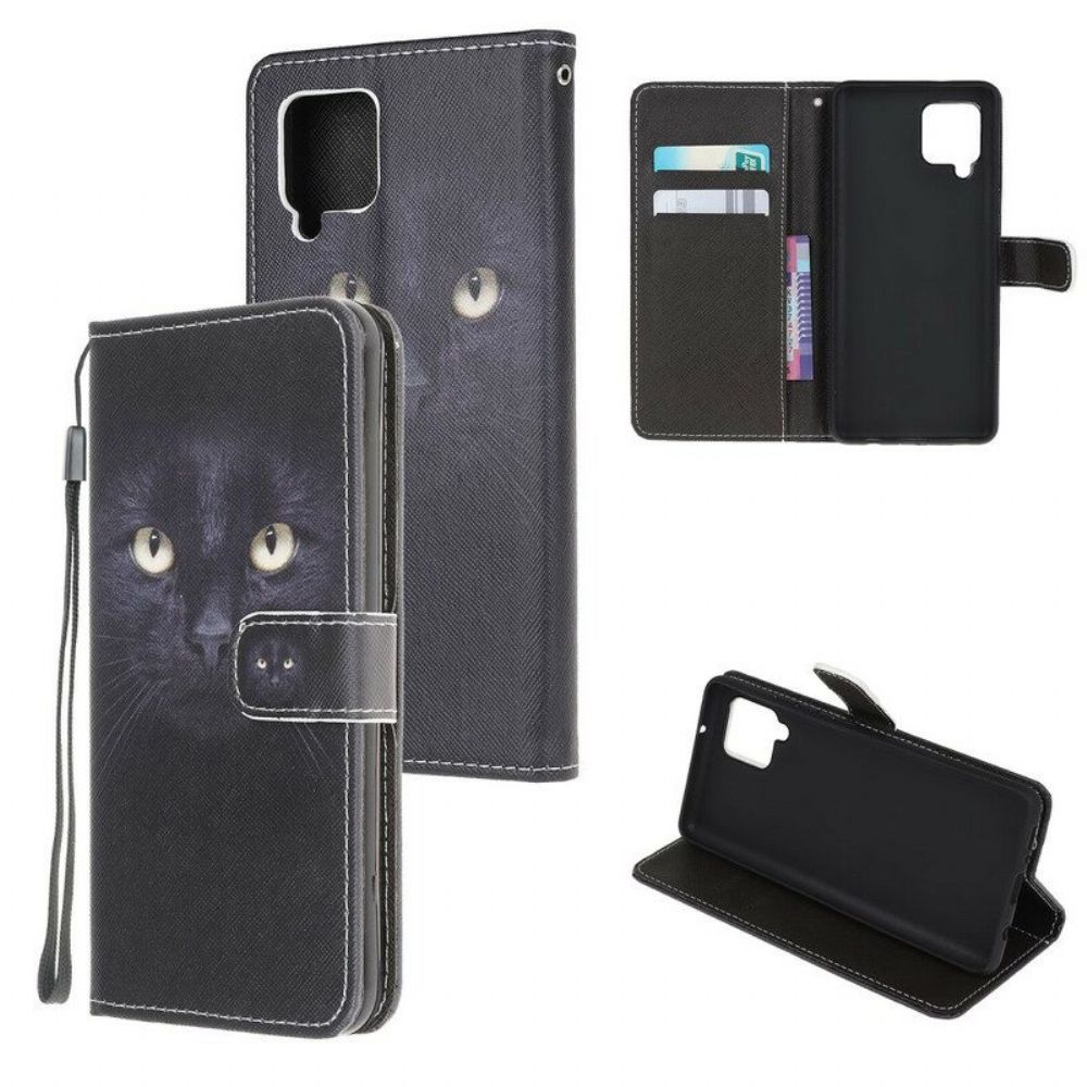 Folio-hoesje voor Samsung Galaxy M12 / A12 Met Ketting Strappy Zwarte Kattenogen