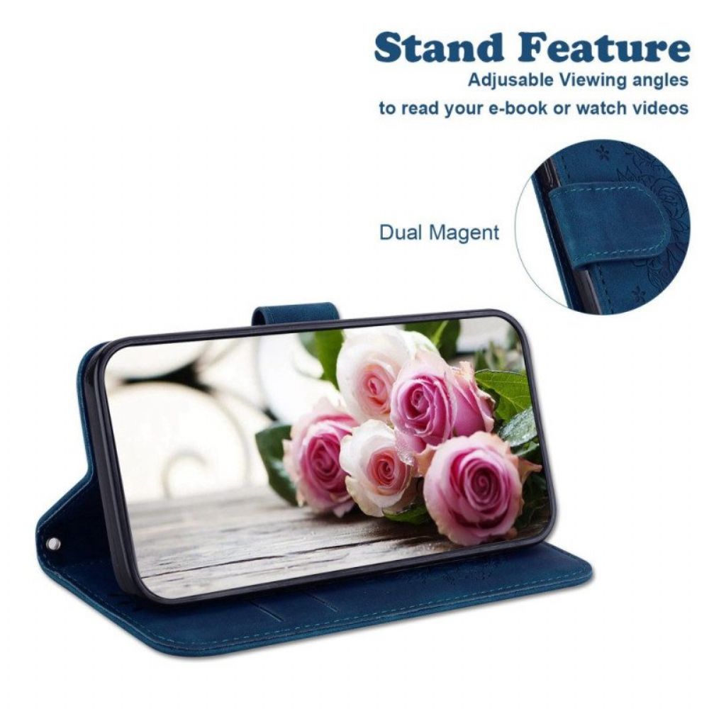 Folio-hoesje voor Samsung Galaxy M13 Met Ketting Strappy Rozen En Vlinders