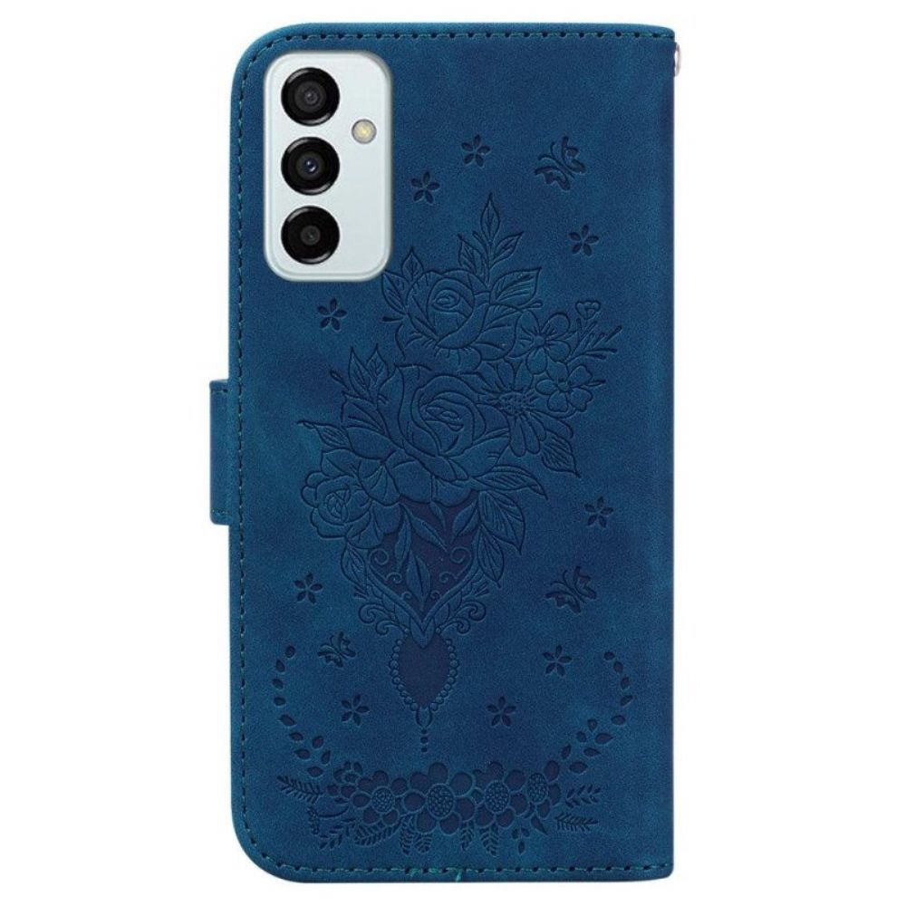 Folio-hoesje voor Samsung Galaxy M13 Met Ketting Strappy Rozen En Vlinders