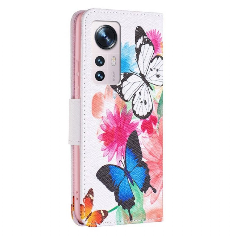 Folio-hoesje voor Xiaomi 12 / 12X Geschilderde Vlinders En Bloemen