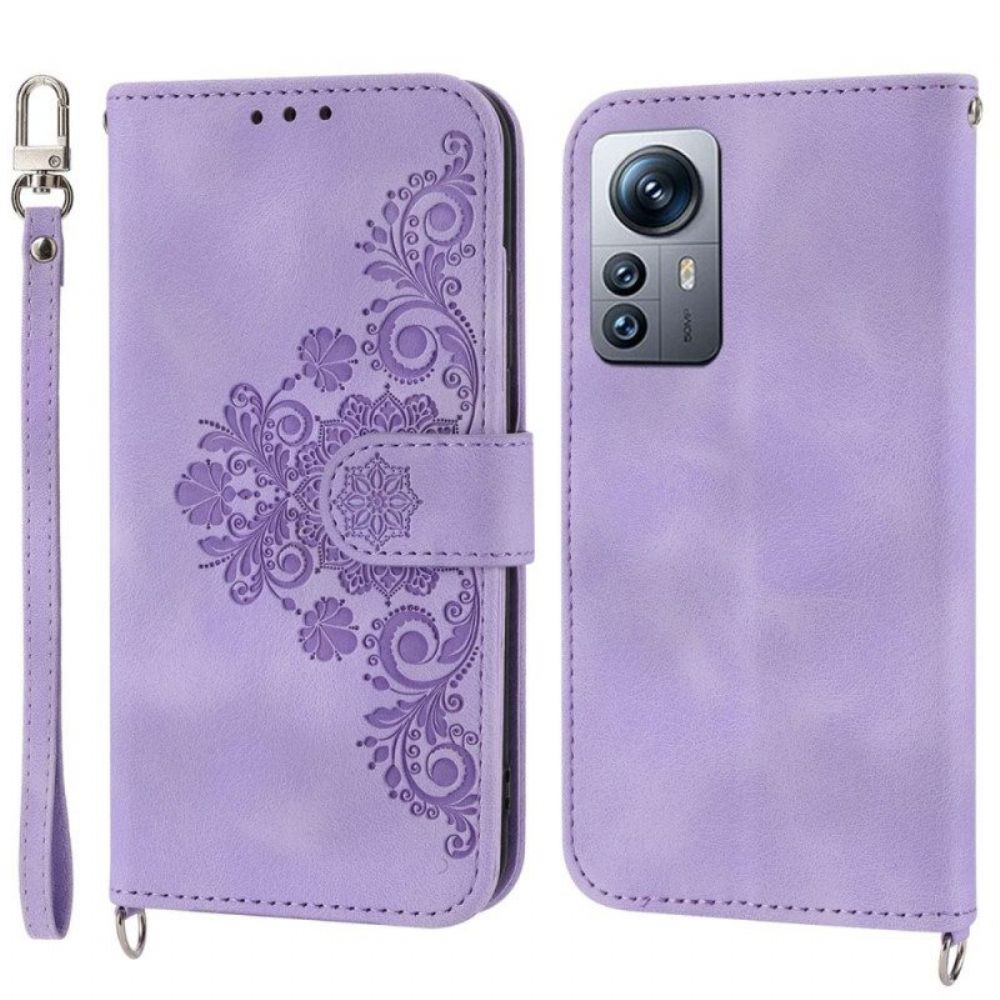 Folio-hoesje voor Xiaomi 12 Lite Met Ketting Bloemen Strappy En Schouderriem