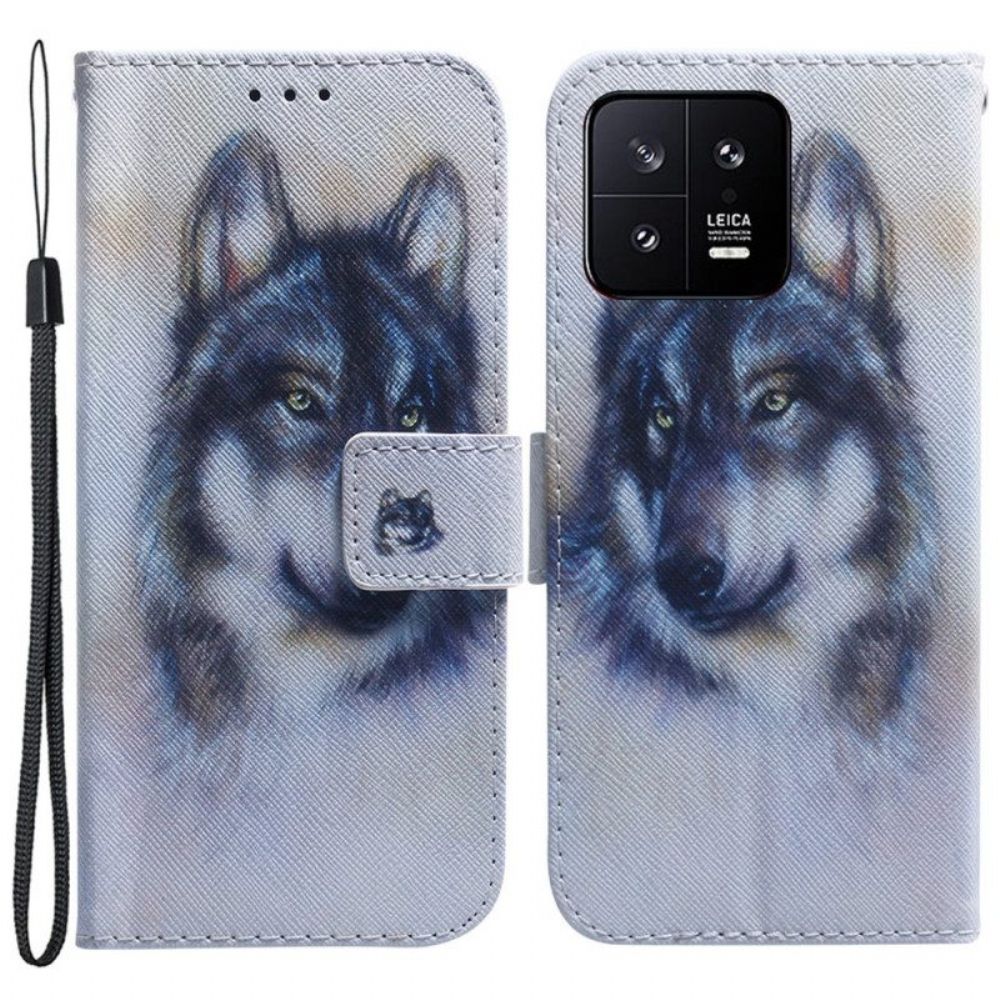 Folio-hoesje voor Xiaomi 13 Met Ketting Strappy Aquarel Wolf