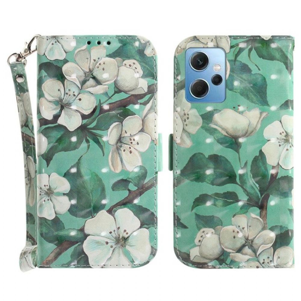 Folio-hoesje voor Xiaomi Redmi Note 12 4G Met Ketting Witte Bloemen Met Bandjes