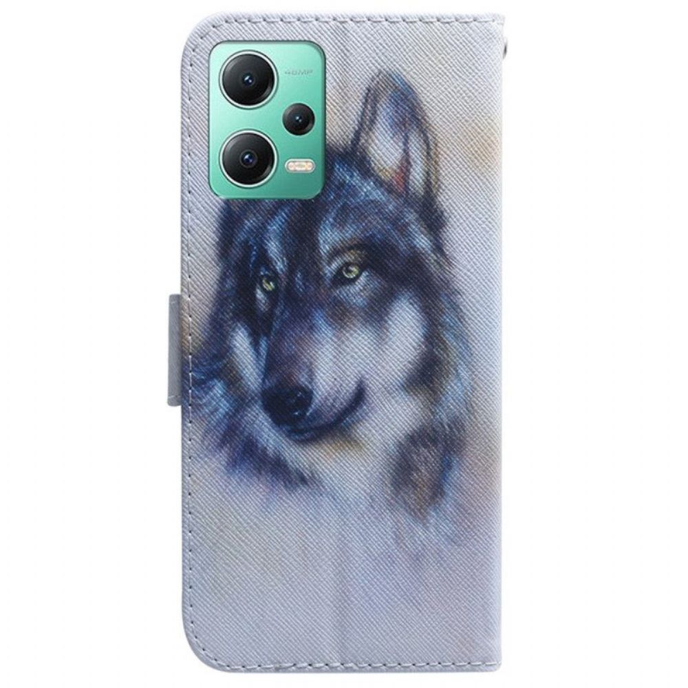 Folio-hoesje voor Xiaomi Redmi Note 12 5G Met Ketting Strappy Aquarel Wolf