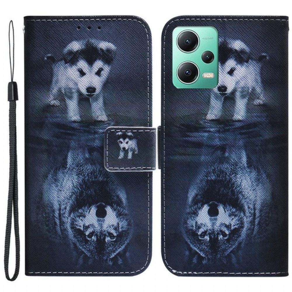 Folio-hoesje voor Xiaomi Redmi Note 12 5G Met Ketting Strappy Puppy-droom