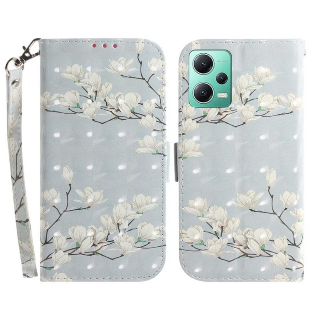 Folio-hoesje voor Xiaomi Redmi Note 12 5G Met Ketting Witte Bloemen Met Bandjes