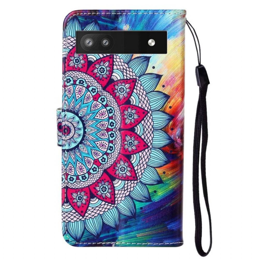 Leren Hoesje voor Google Pixel 7A Met Ketting Kleurrijke Strappy Mandala