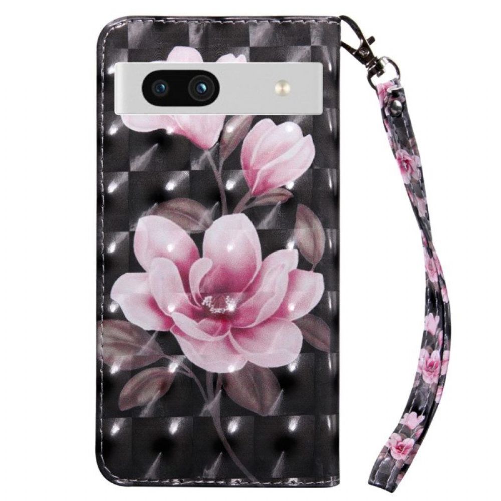 Leren Hoesje voor Google Pixel 7A Met Ketting Strappy Roze Bloemen