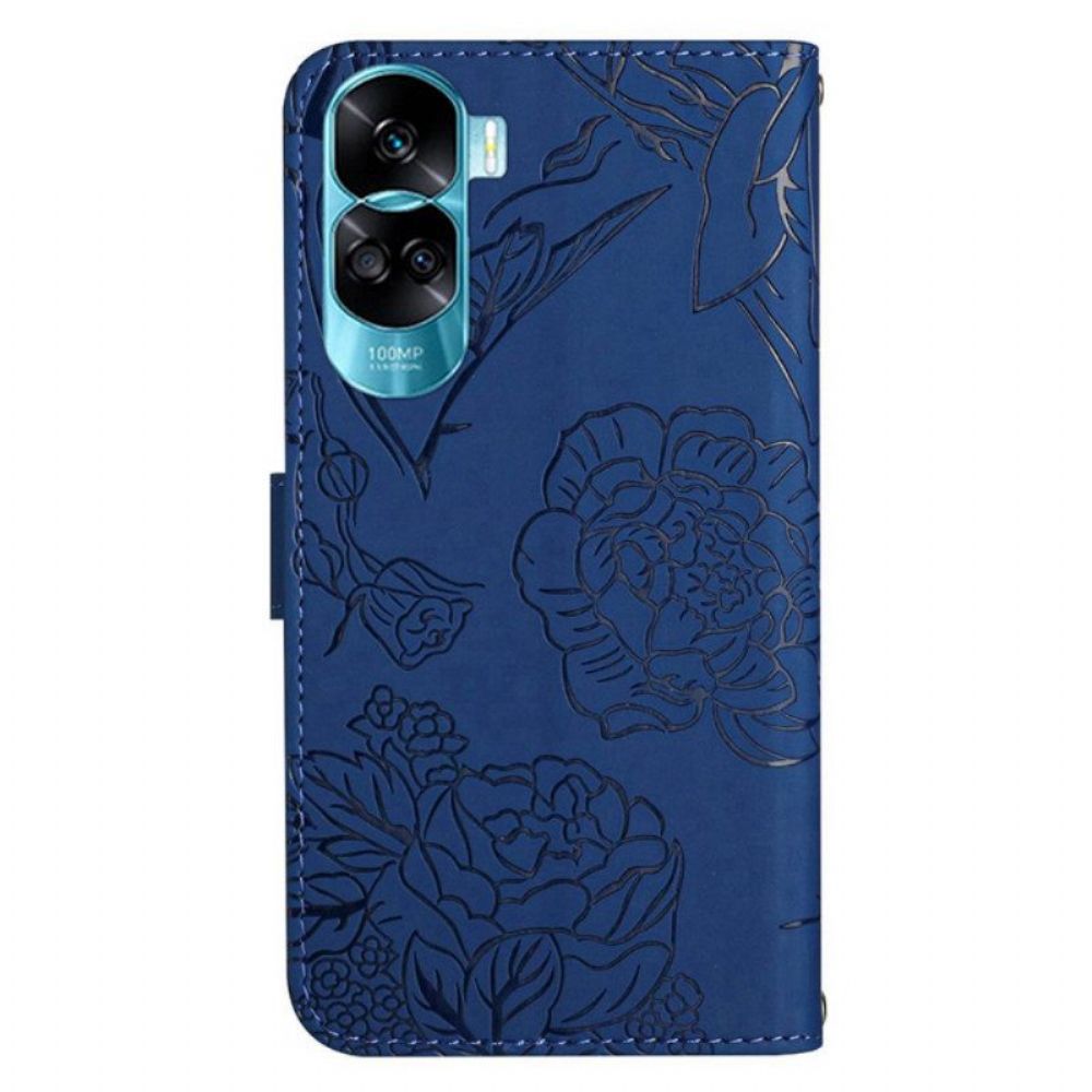 Leren Hoesje voor Honor 90 Lite Met Ketting Lanyard Vlinders