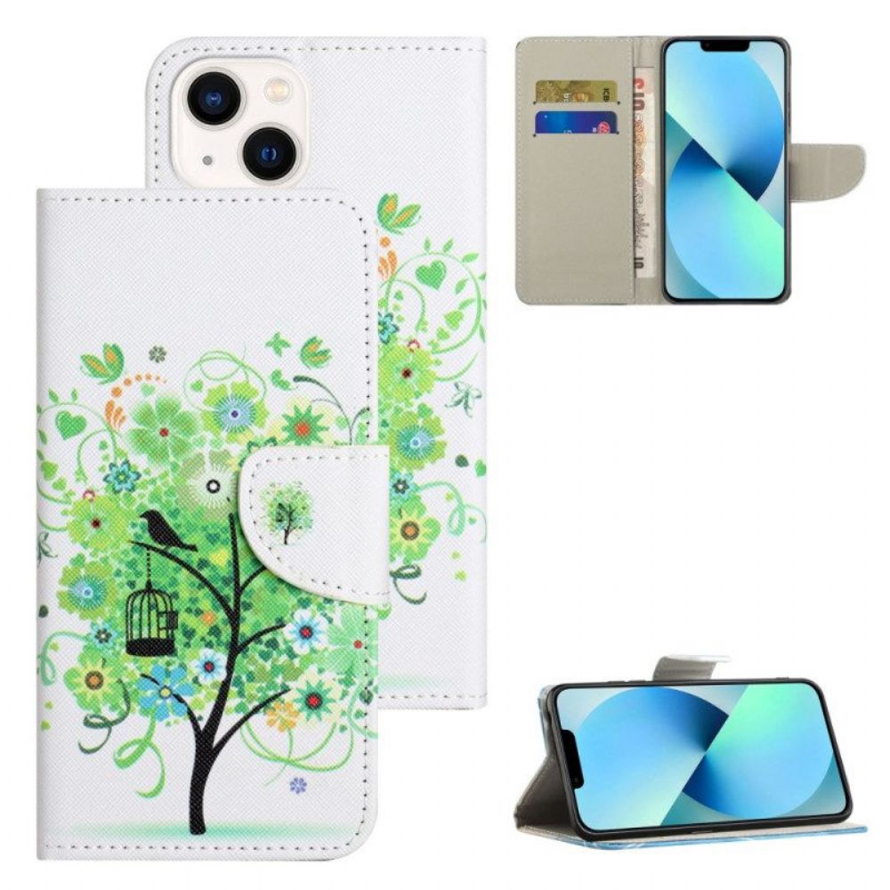 Leren Hoesje voor iPhone 15 Boom Met Groen Blad