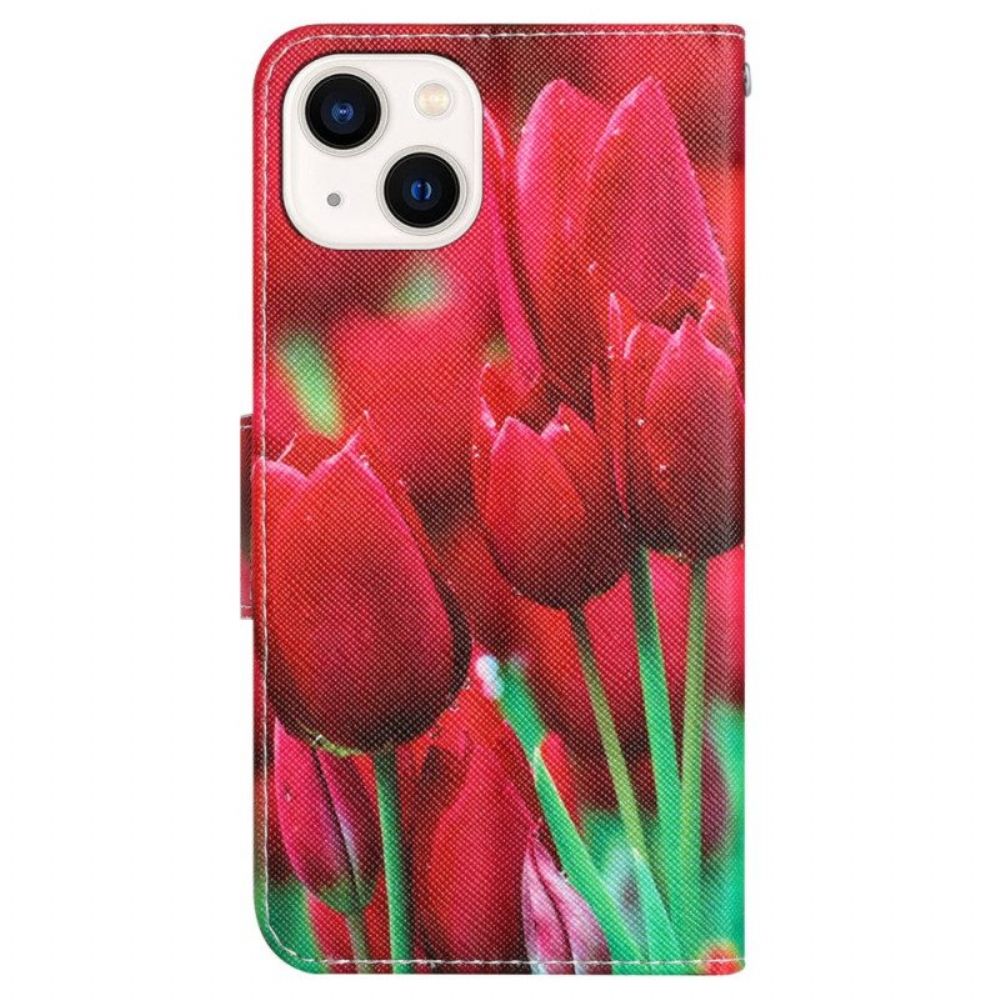 Leren Hoesje voor iPhone 15 Met Ketting Bloemenvariant Met Riempje