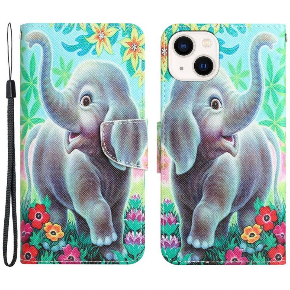 Leren Hoesje voor iPhone 15 Met Ketting Lanyard Elephant Walk