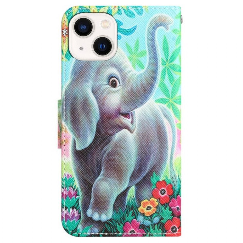 Leren Hoesje voor iPhone 15 Met Ketting Lanyard Elephant Walk