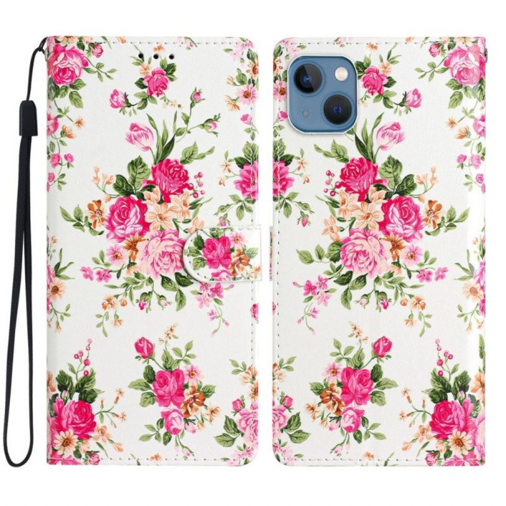 Leren Hoesje voor iPhone 15 Met Ketting Liberty-bloemen Met Riem