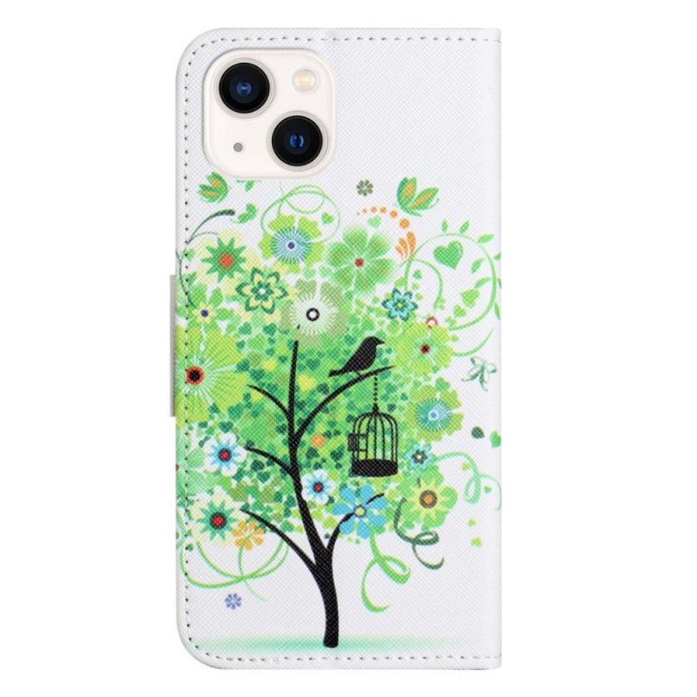 Leren Hoesje voor iPhone 15 Plus Boom Met Groen Blad