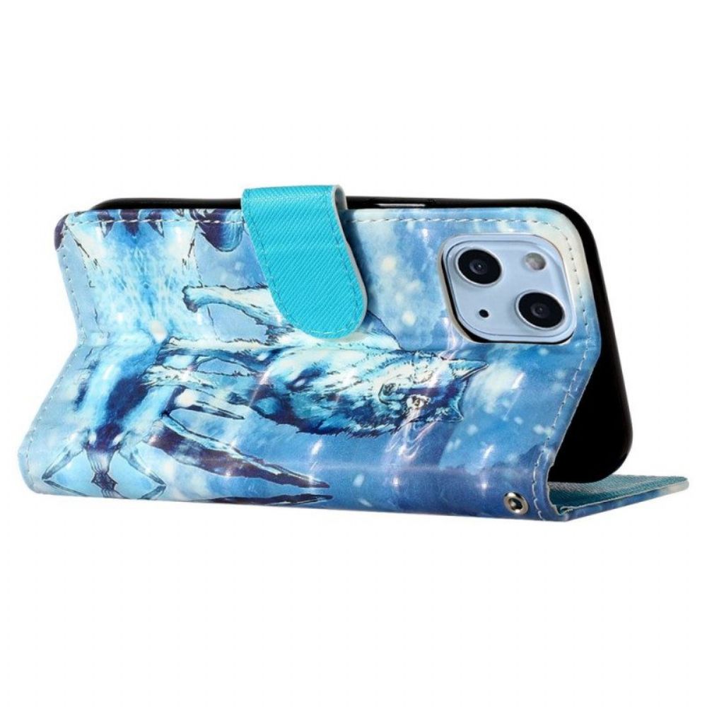 Leren Hoesje voor iPhone 15 Plus Met Ketting 3d Wolf Met Riem