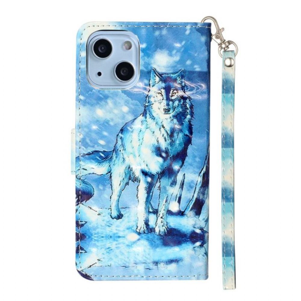 Leren Hoesje voor iPhone 15 Plus Met Ketting 3d Wolf Met Riem