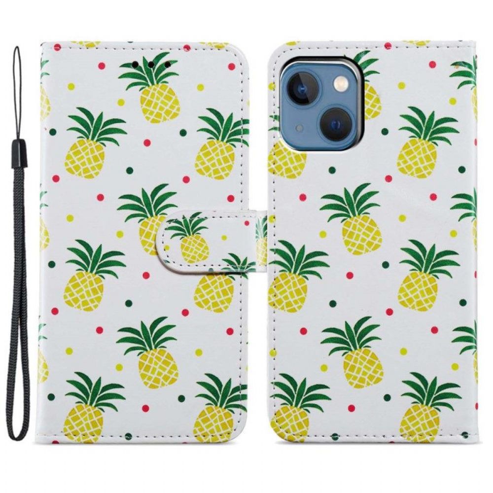 Leren Hoesje voor iPhone 15 Plus Met Ketting Ananas Met Bandje