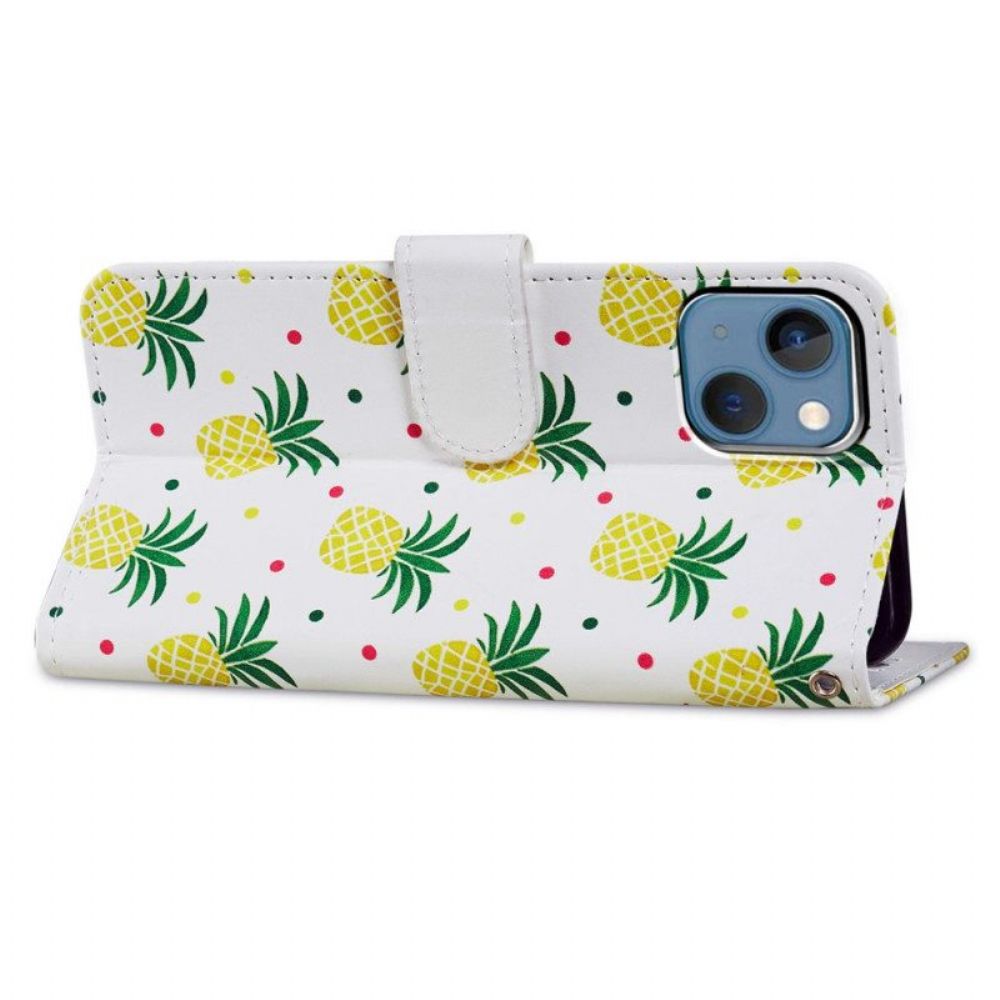 Leren Hoesje voor iPhone 15 Plus Met Ketting Ananas Met Bandje