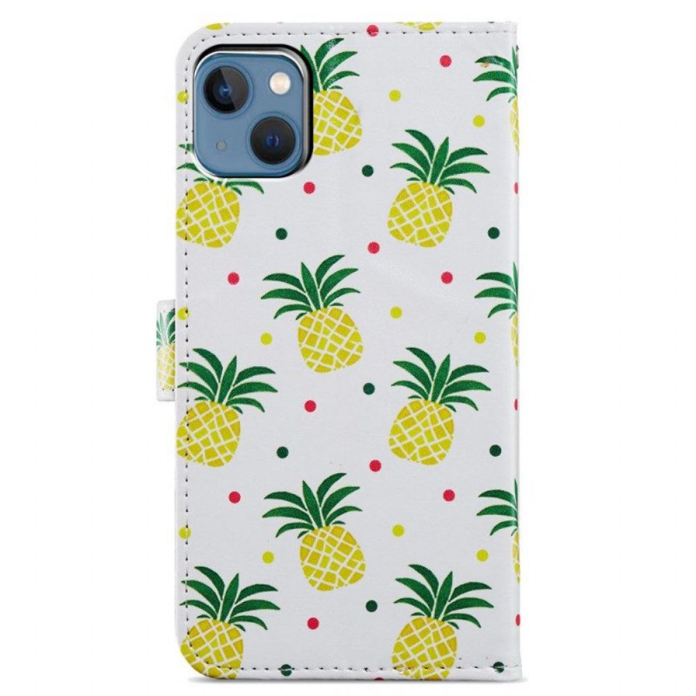 Leren Hoesje voor iPhone 15 Plus Met Ketting Ananas Met Bandje