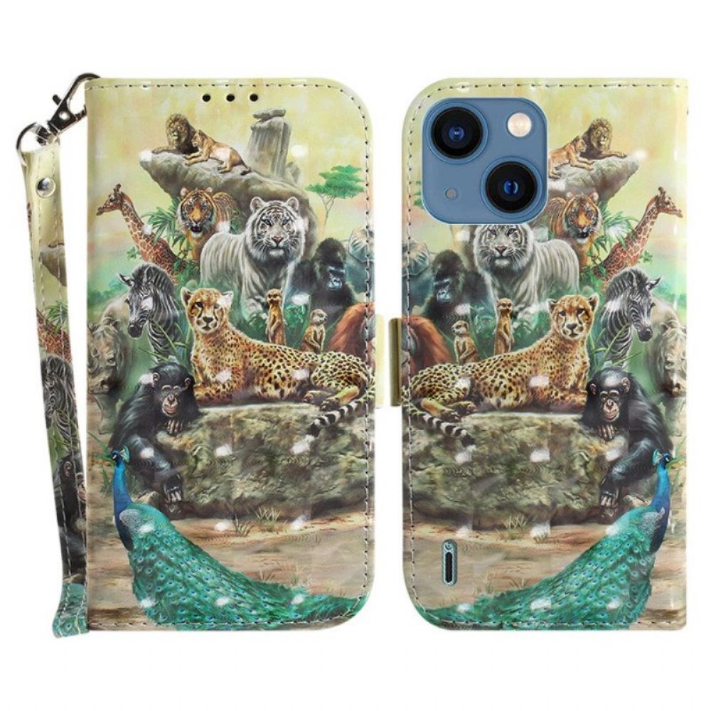 Leren Hoesje voor iPhone 15 Plus Met Ketting Safaridieren Met Draagkoord